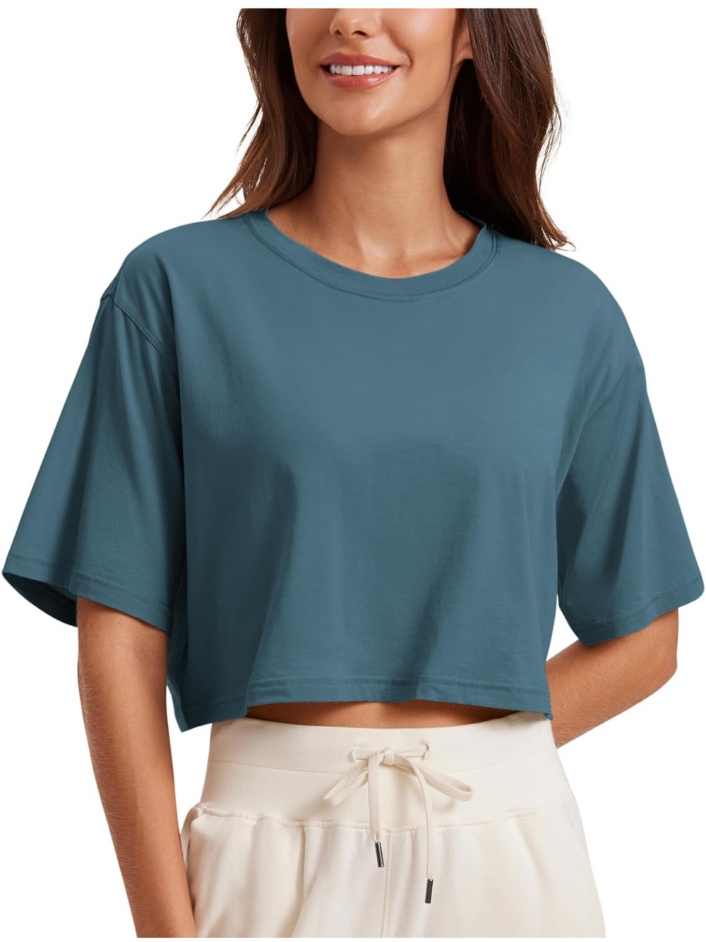 NWOT CRZ YOGA Pima Cotton Crop T-Shirt Slate Blue Workout Soft Loose Fit